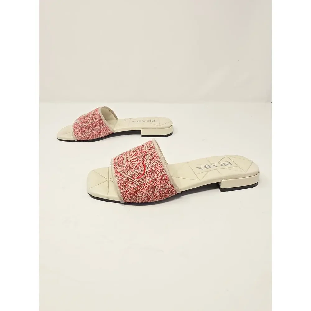 Prada Logo Jacquard Slide Sandals Red White Flat Day Quilted Woven 37.5 7.5